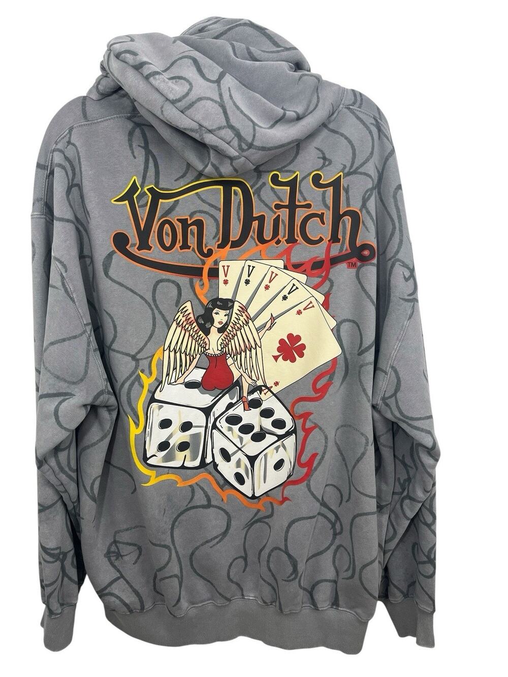 Von Dutch Hoodie Mens L Grey Y2K 8-Ball Angel Pinup Dice Flaming Boxy Street NWT